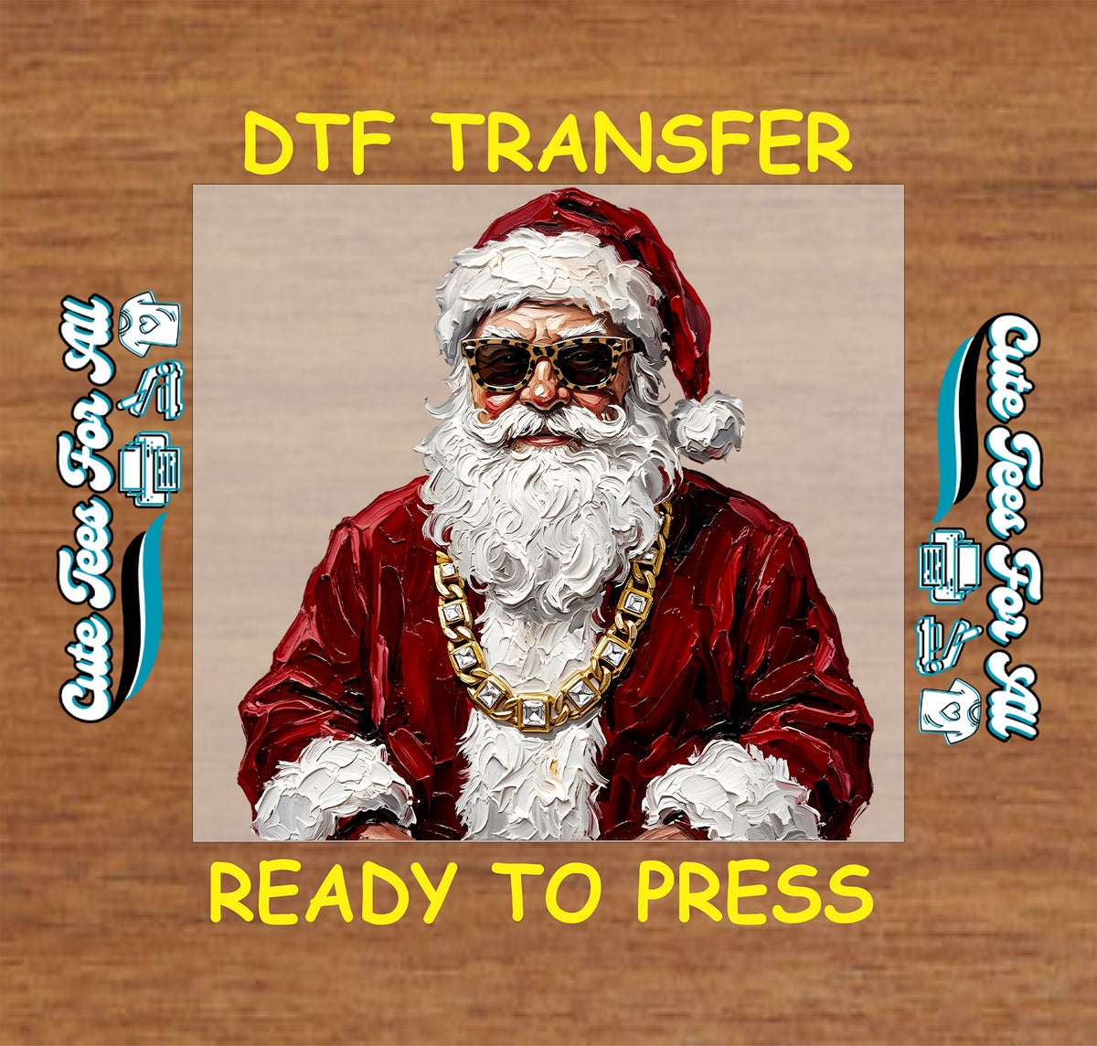 Cool Santa Christmas DTF transfer featuring Santa Claus wearing dark sunglasses, a chunky gold chain and a red Christmas suit.