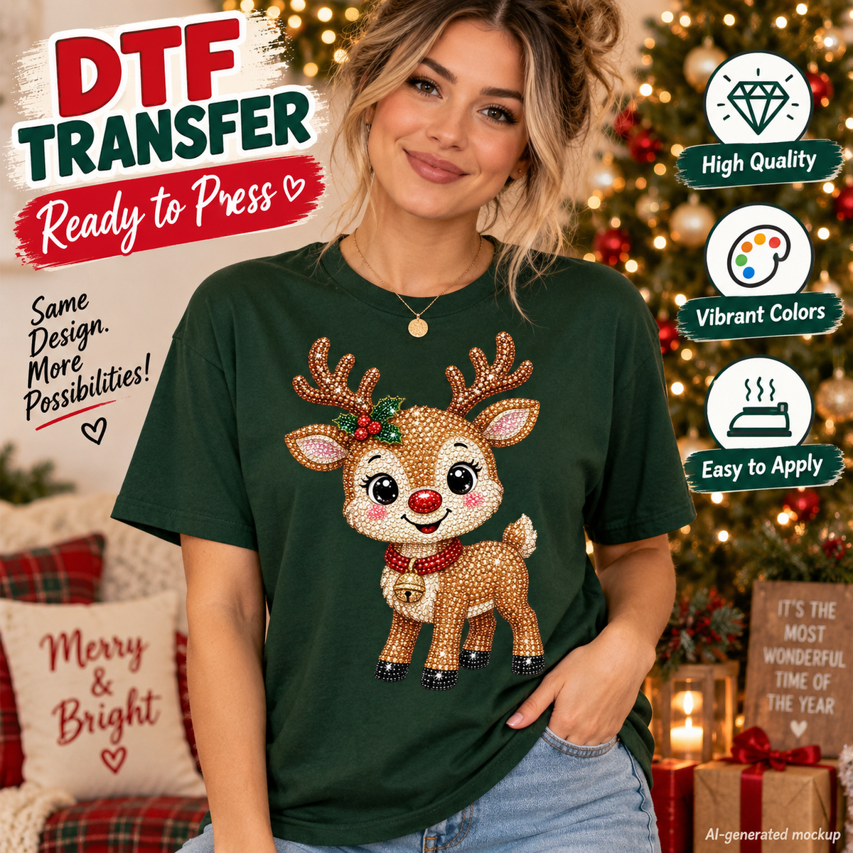 A woman wearing a dark green Christmas-themed t-shirt with a rhinestone-look reindeer graphic, posed in front of a decorated Christmas tree. The image includes promotional text overlays for 'DTF TRANSFER' and feature icons for 'High Quality', 'Vibrant Colors', and 'Easy to Apply'.