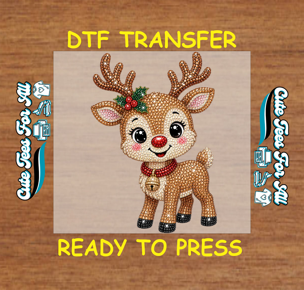 Cute Christmas reindeer DTF transfer featuring a Rudolph-style deer with red nose, antlers, holly, red collar and sparkling printed details.
