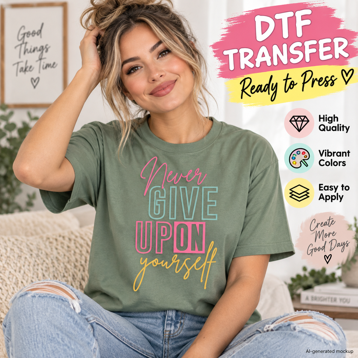 Woman wearing a sage green shirt featuring a colorful Never Give Up on Yourself motivational design in pink, teal and yellow as a DTF transfer mockup.