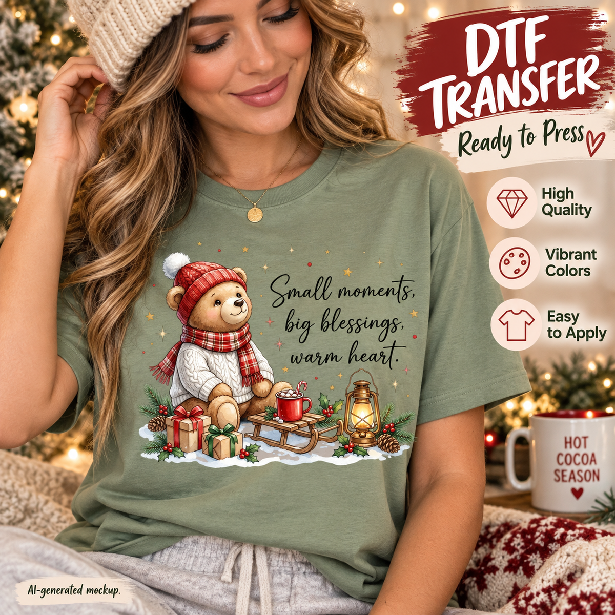 Woman wearing a sage green shirt featuring a cozy Christmas teddy bear with gifts, hot cocoa, lantern, sled and the phrase Small Moments Big Blessings Warm Heart as a DTF transfer mockup.