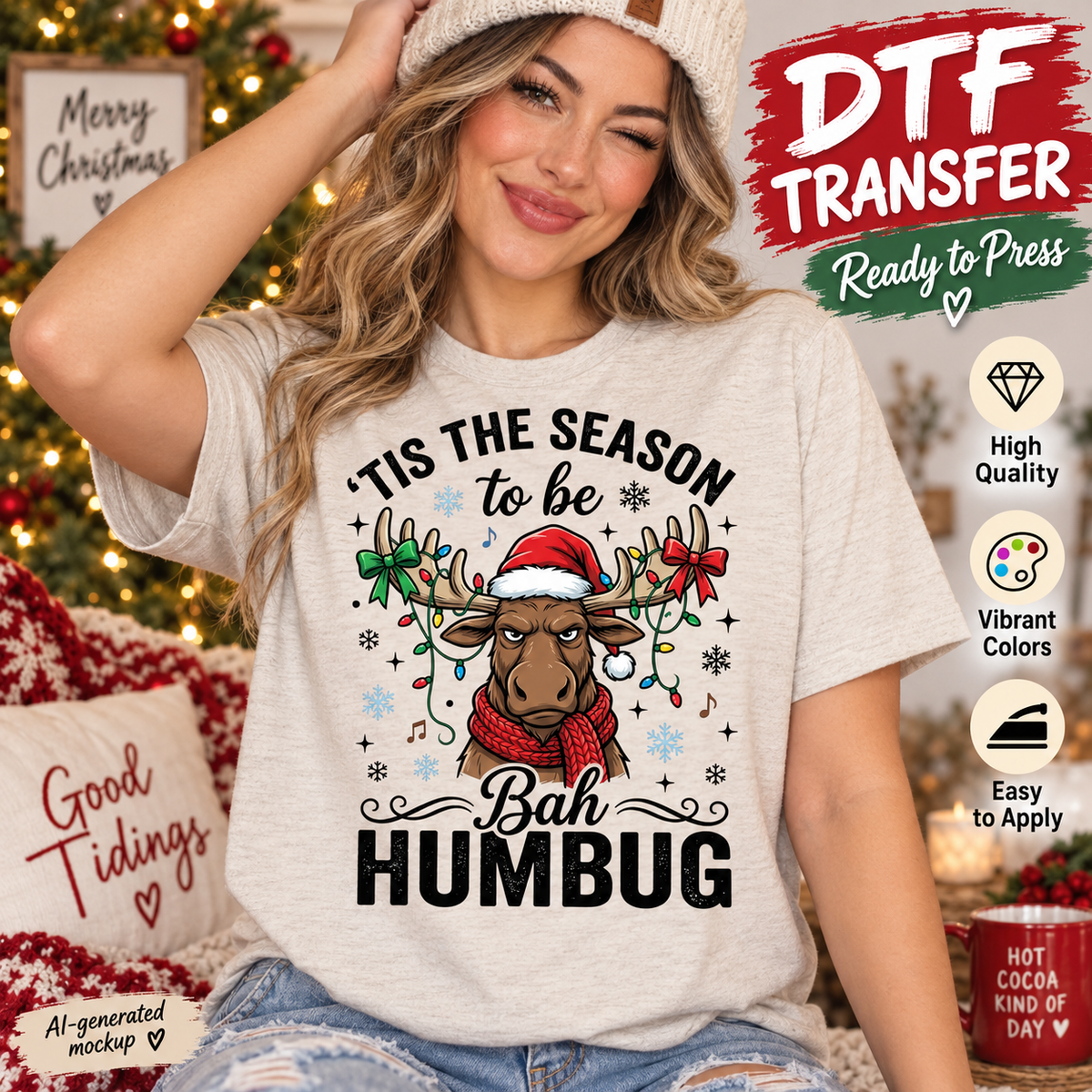 Woman wearing a cream Christmas shirt featuring a grumpy moose in a Santa hat and scarf with Christmas lights and the phrase Tis the Season to Be Bah Humbug as a DTF transfer mockup.