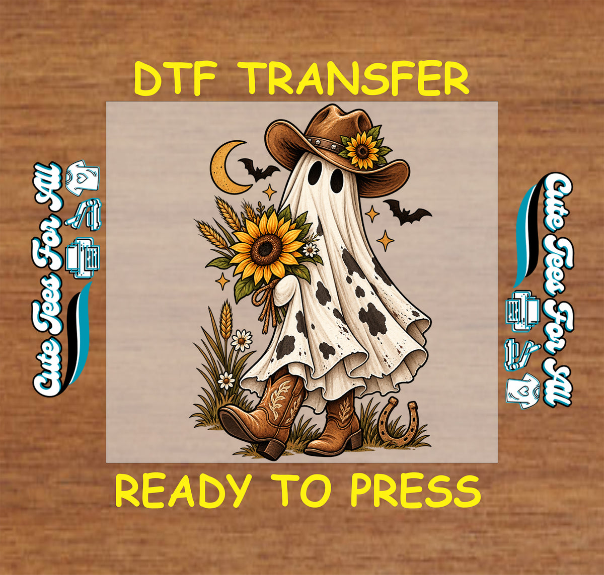Cowboy ghost Halloween DTF transfer featuring a ghost in a western hat and boots holding sunflowers with crescent moon, bats, wheat and rustic fall details.