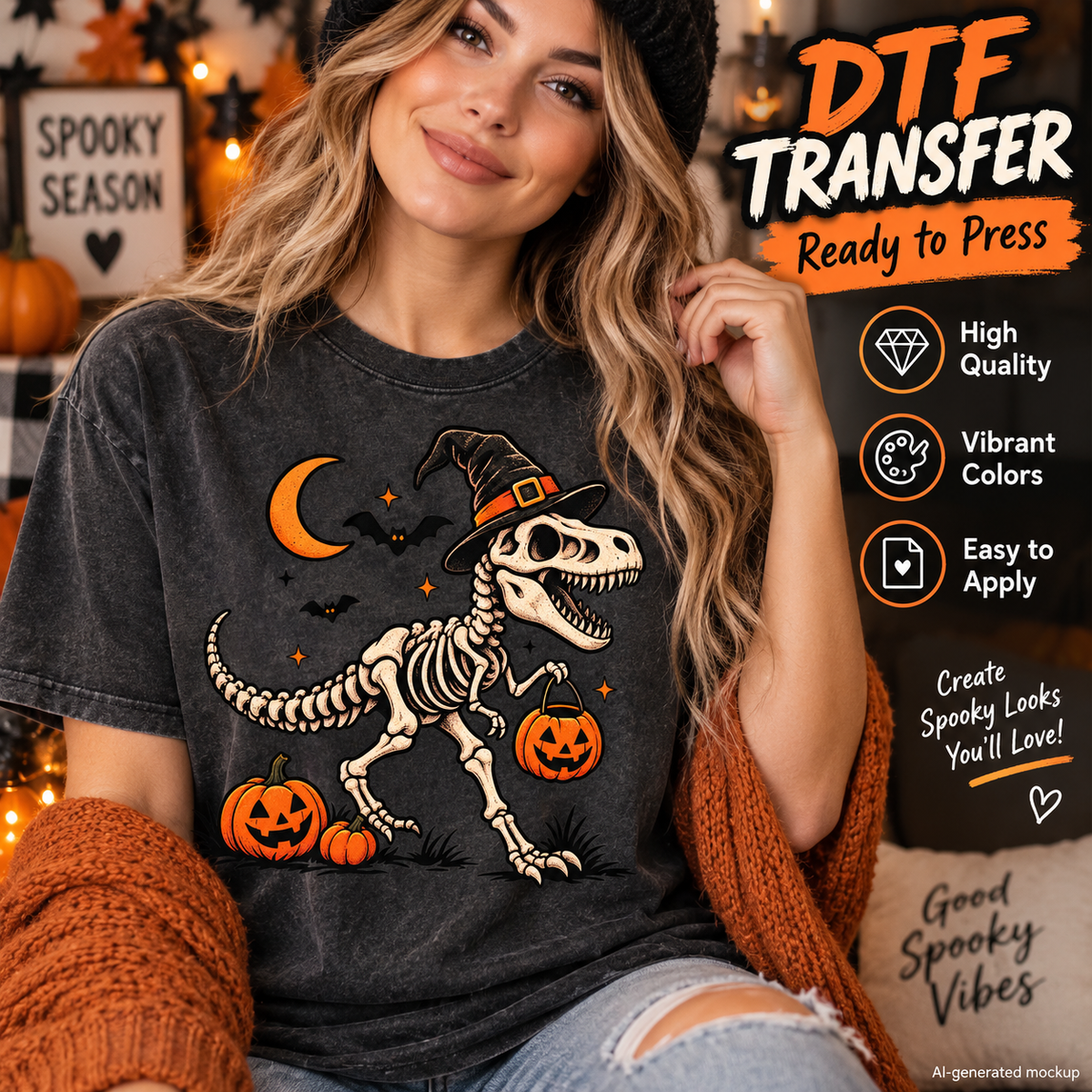 Woman wearing a dark charcoal Halloween shirt featuring a T-Rex skeleton in a witch hat holding a pumpkin bucket with bats, pumpkins and crescent moon as a DTF transfer mockup.