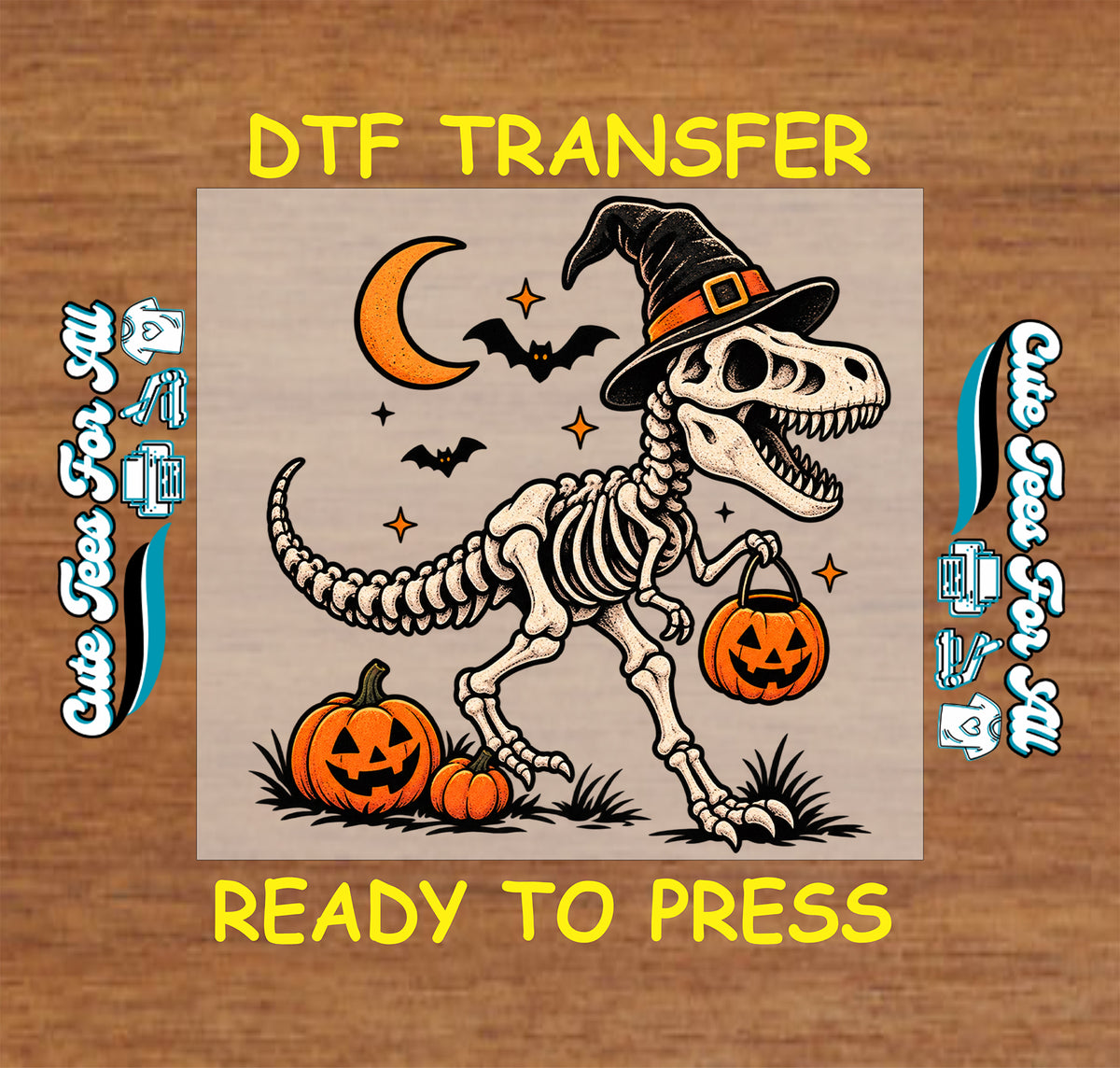 Halloween dinosaur skeleton DTF transfer featuring a T-Rex skeleton wearing a witch hat and carrying a jack-o’-lantern bucket with pumpkins, bats, stars and crescent moon details.