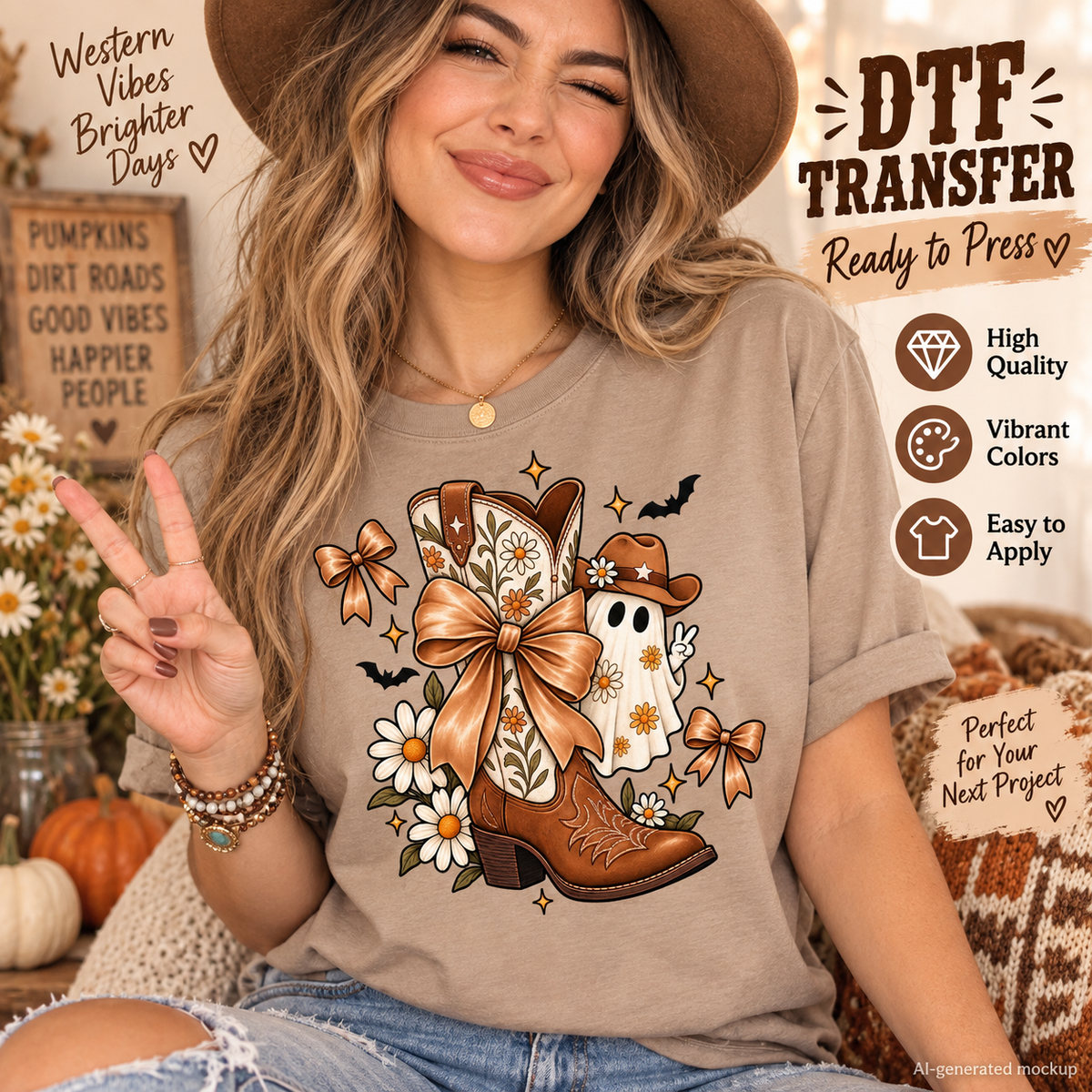 Woman wearing a taupe shirt featuring a western Halloween design with a floral cowboy boot, large bow, cowboy ghost, daisies and bats as a DTF transfer mockup.