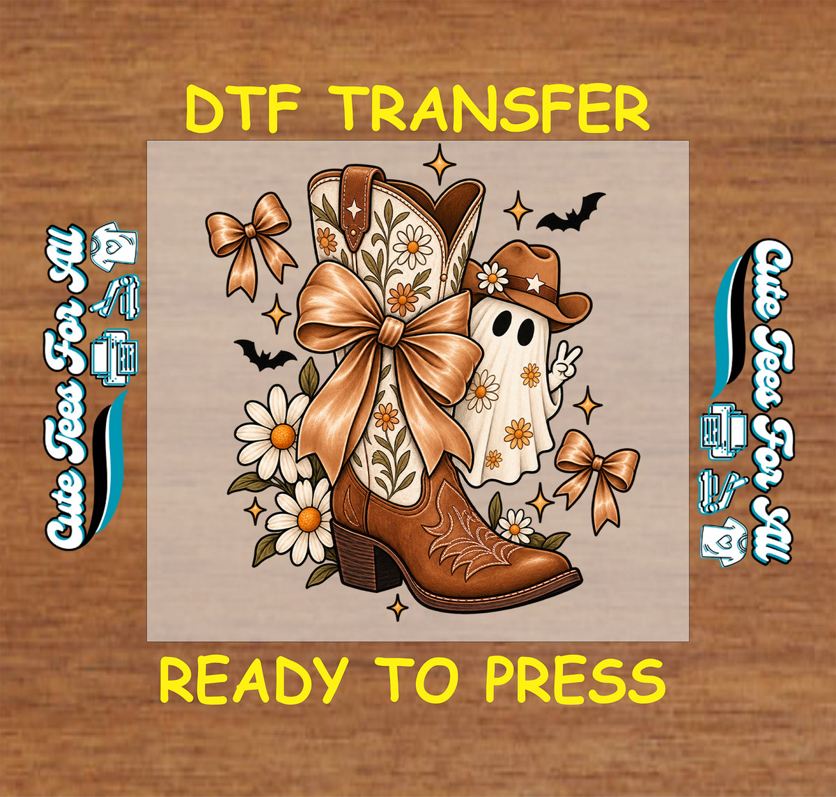 Western ghost Halloween DTF transfer featuring a floral cowboy boot, oversized bow, ghost in a cowboy hat, daisies, bats and warm neutral fall details.
