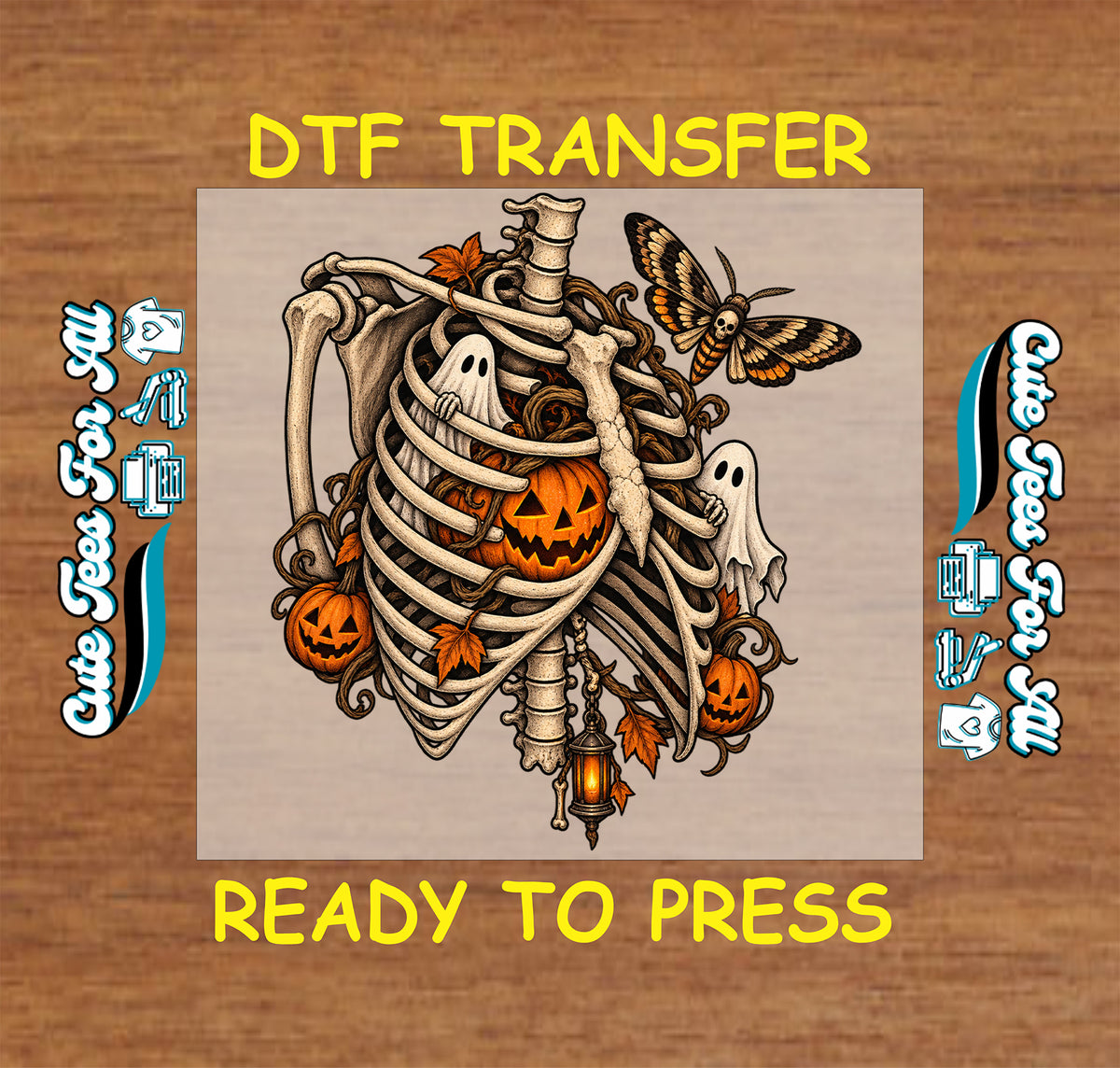 Halloween skeleton DTF transfer featuring a detailed ribcage, glowing jack-o’-lantern, cute ghosts, pumpkins, moth, autumn leaves and hanging lantern.