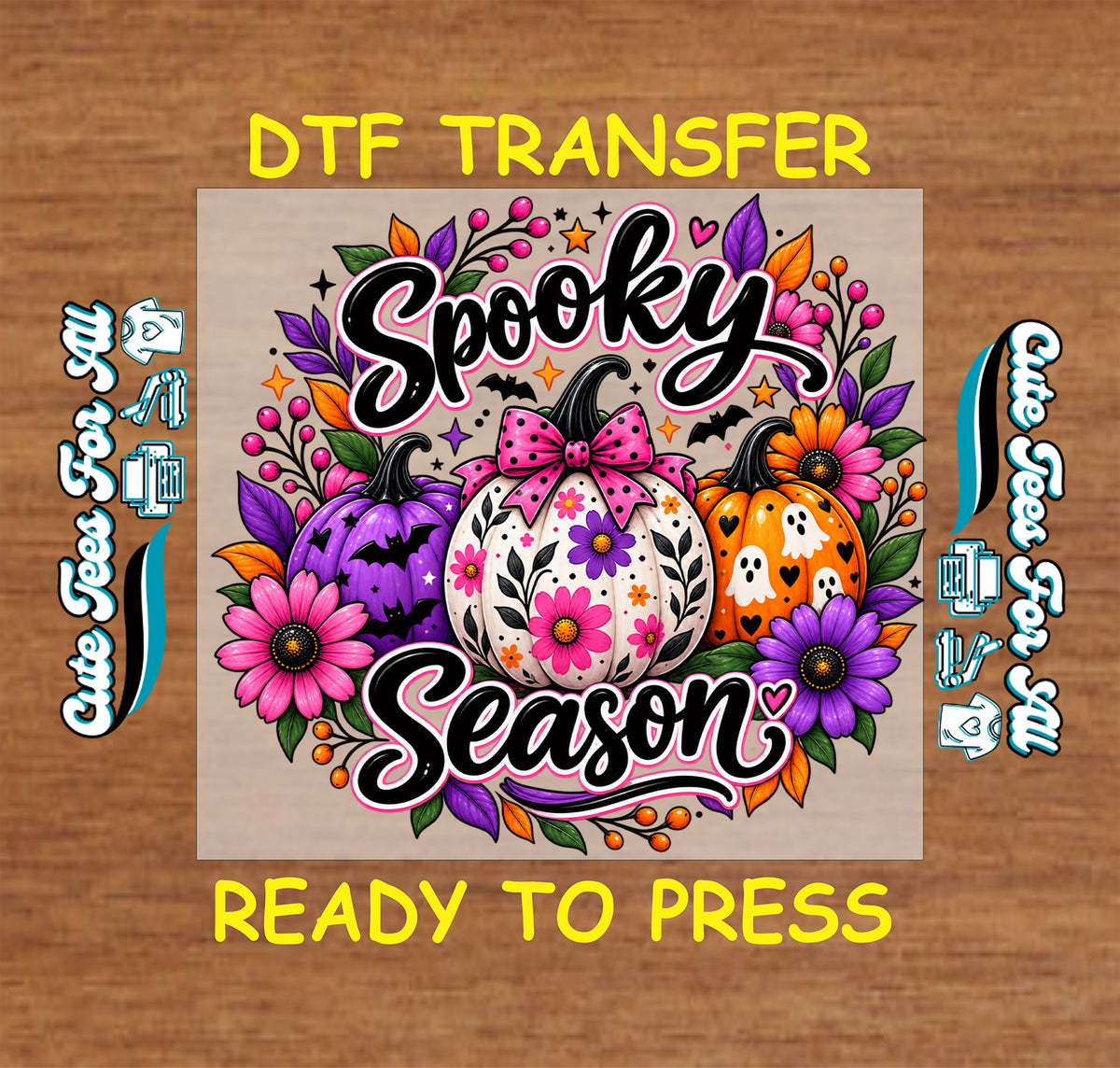 Spooky Season Halloween DTF transfer featuring colorful pumpkins, floral patterns, pink bow, ghosts, bats, stars and bright pink and purple flowers.