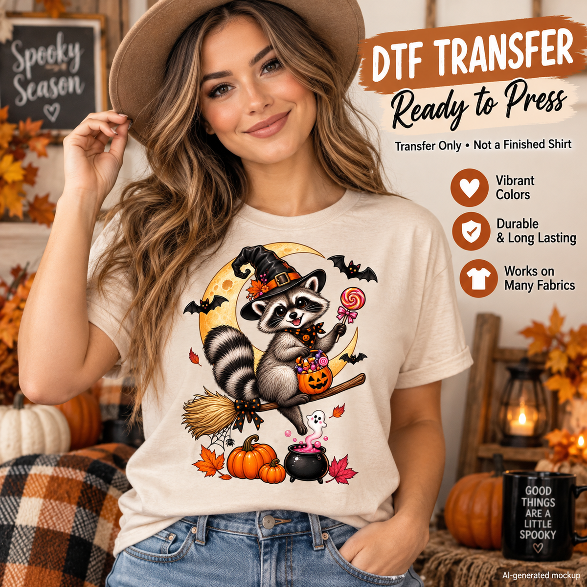 Woman wearing a cream Halloween shirt featuring a raccoon dressed as a witch riding a broom with a crescent moon, bats, pumpkins, candy and cauldron as a DTF transfer mockup.
