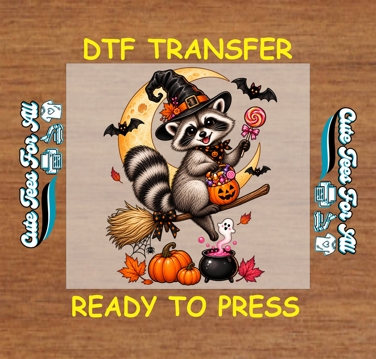 Halloween raccoon witch DTF transfer featuring a cute raccoon in a witch hat on a broom with lollipop, moon, bats, pumpkins, candy, ghost and bubbling cauldron.