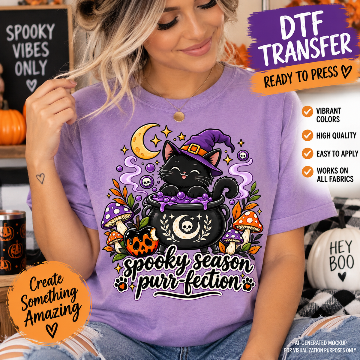 Woman wearing a lavender shirt featuring a black cat in a purple witch hat sitting inside a bubbling cauldron with mushrooms, pumpkins and the phrase Spooky Season Purr-fection as a DTF transfer mockup.