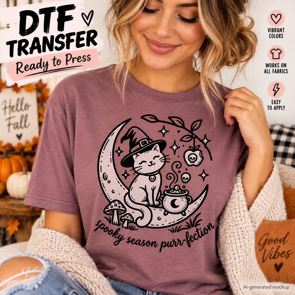 Woman wearing a mauve shirt featuring a Spooky Season Purr-fection witch cat sitting on a crescent moon with mushrooms, skulls and potion details as a DTF transfer mockup.