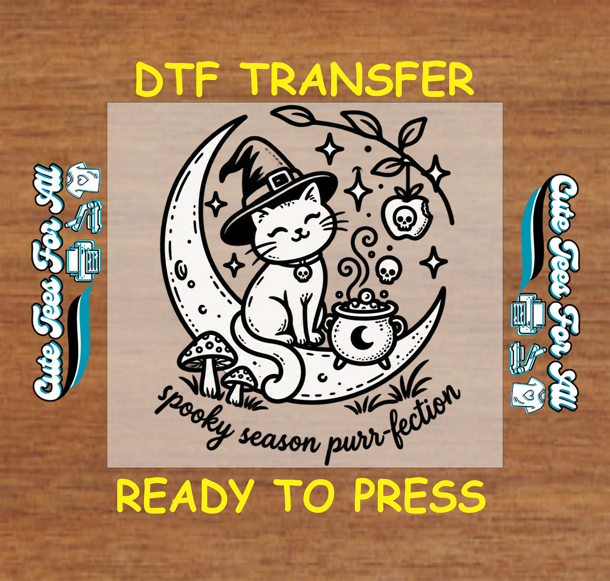 Spooky Season Purr-fection Halloween DTF transfer featuring a cute witch cat on a crescent moon with mushrooms, skulls, stars, vines and bubbling potion.