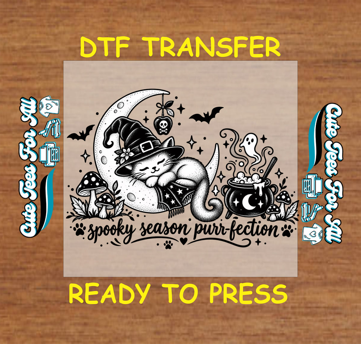 Spooky Season Purr-fection Halloween DTF transfer featuring a sleeping witch cat on a crescent moon with cauldron, mushrooms, bats, ghost, skull and stars.