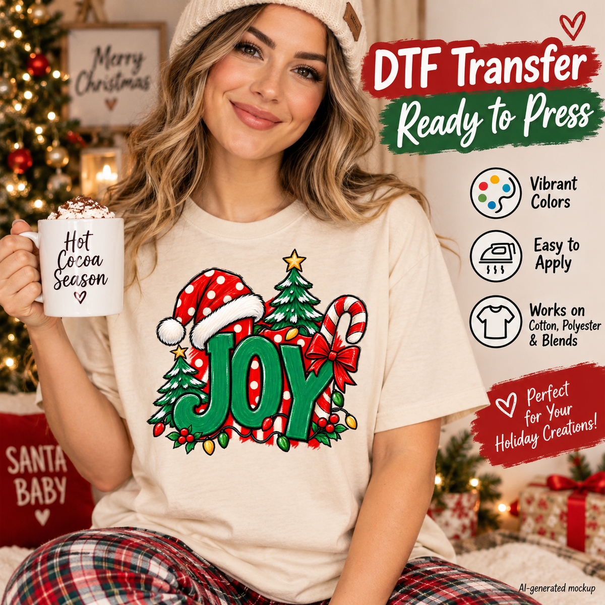Woman wearing a cream Christmas shirt featuring a green JOY design with Santa hat, candy cane, Christmas trees, bow, berries and holiday lights as a DTF transfer mockup.