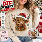 Christmas Highland Cow DTF Transfer, Santa Hat Holiday Cow Ready to Press Heat Transfer 15095