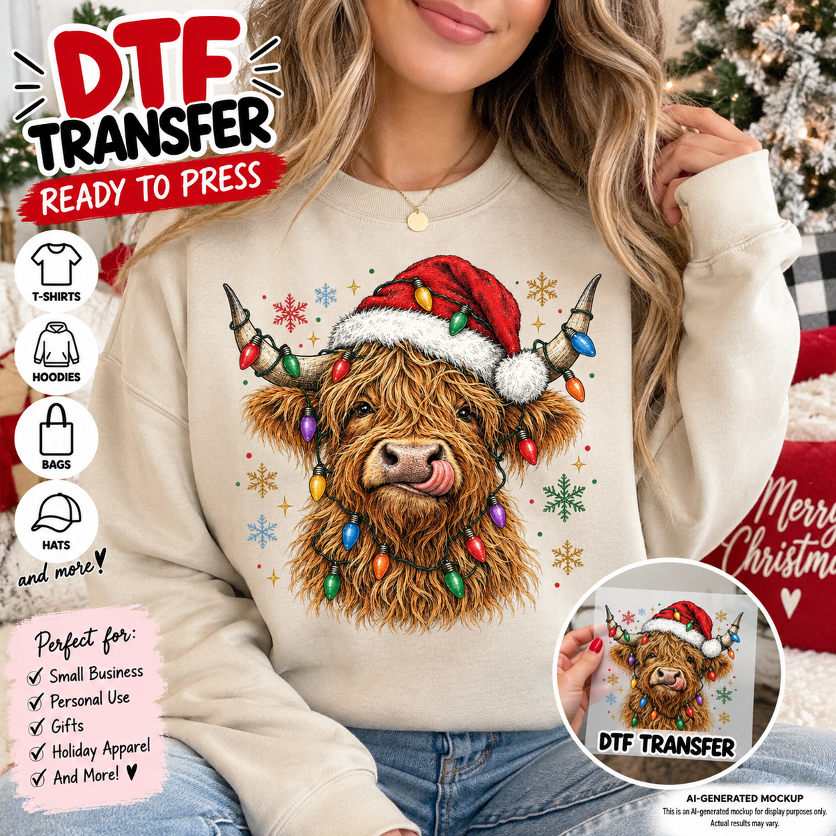 Woman wearing a cream sweatshirt featuring a Christmas Highland cow in a Santa hat wrapped in colorful holiday lights with snowflakes as a DTF transfer mockup.