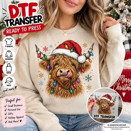 Woman wearing a cream sweatshirt featuring a Christmas Highland cow in a Santa hat wrapped in colorful holiday lights with snowflakes as a DTF transfer mockup.