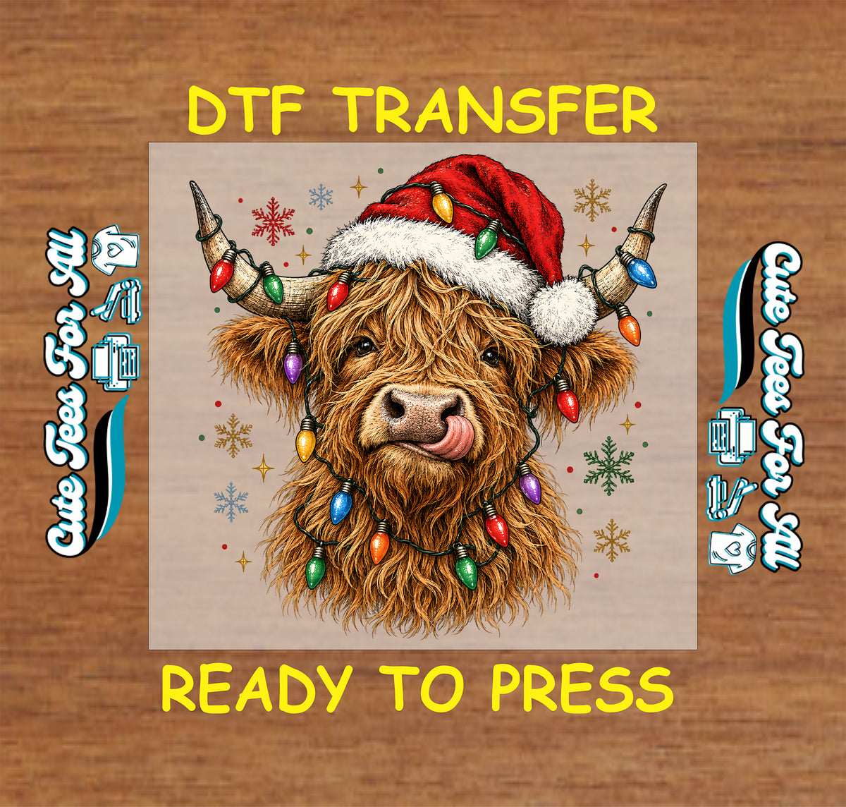 Christmas Highland cow DTF transfer featuring a shaggy cow wearing a red Santa hat and wrapped in colorful Christmas lights with festive snowflake details.