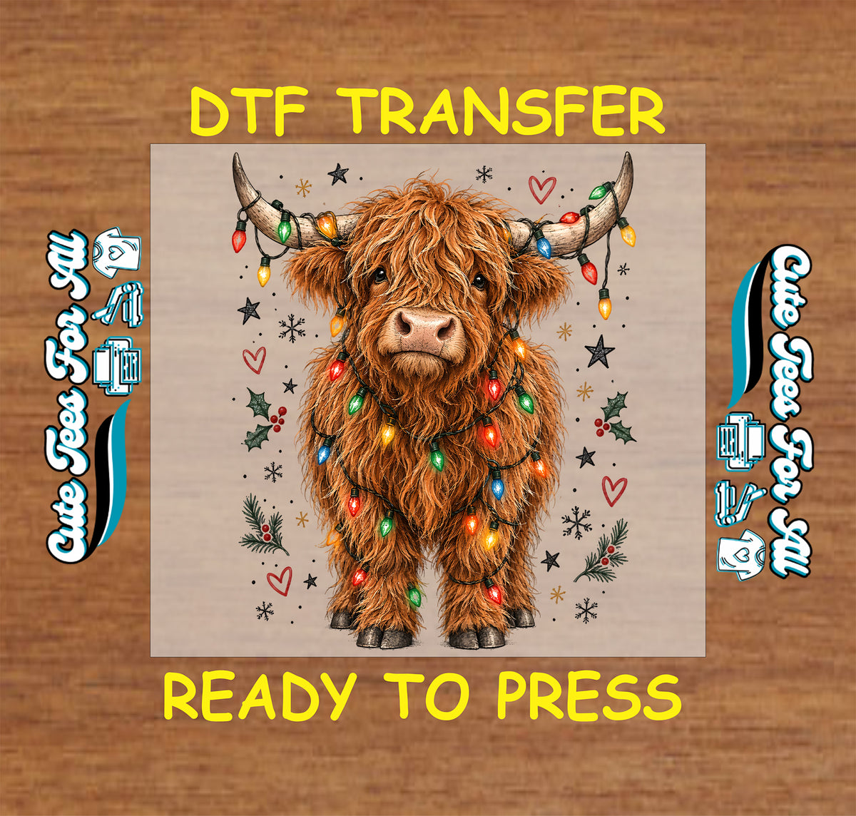 Christmas Highland cow DTF transfer featuring a shaggy brown cow wrapped in colorful Christmas lights with holly, greenery, hearts, stars and snowflakes.