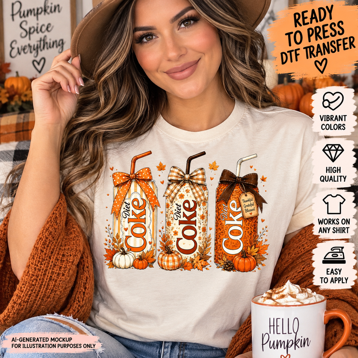 Woman wearing a cream shirt featuring three fall-themed Diet Coke cans with bows, pumpkins, autumn leaves, florals and seasonal patterns as a DTF transfer mockup.
