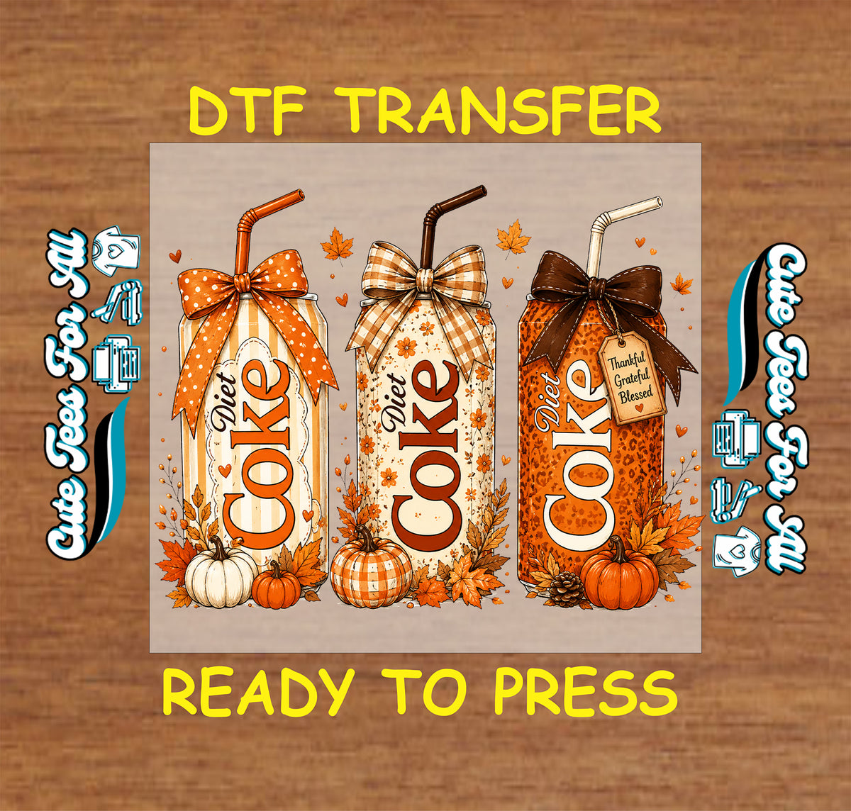 Fall Diet Coke DTF transfer featuring three decorated soda cans with orange and plaid bows, pumpkins, autumn leaves, florals, gingham and leopard print details.