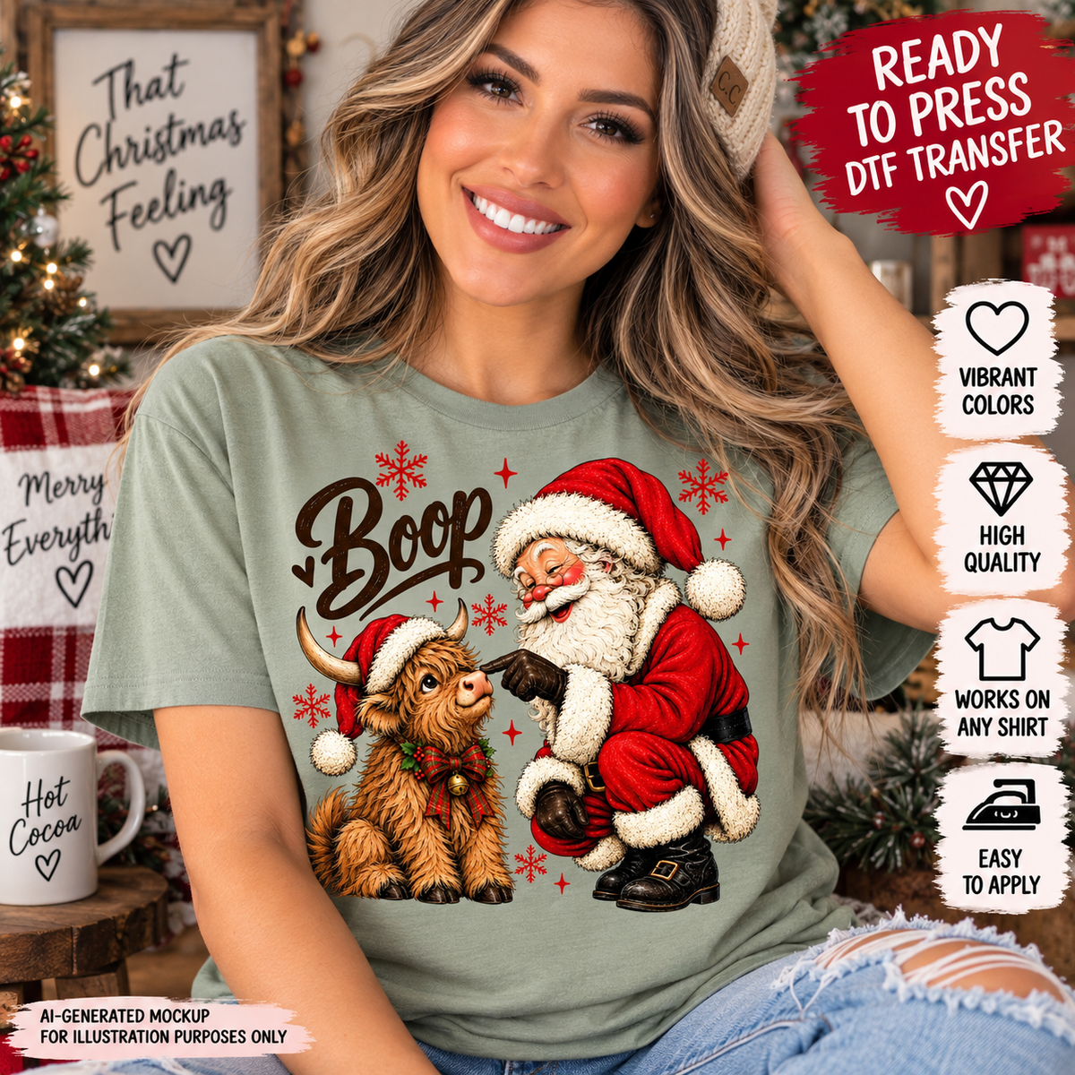 Woman wearing a sage green Christmas shirt featuring Santa Claus booping the nose of a Highland cow in a Santa hat with festive red and green holiday details as a DTF transfer mockup.