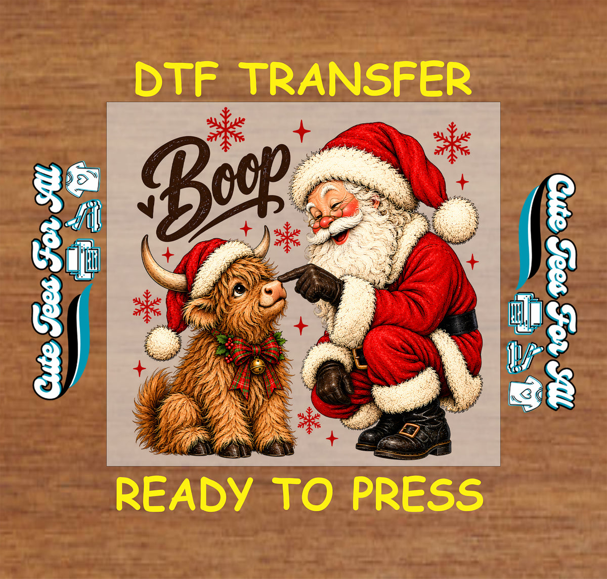 Santa Boop Highland cow Christmas DTF transfer featuring Santa touching noses with a shaggy Highland cow wearing a Santa hat and festive bow.
