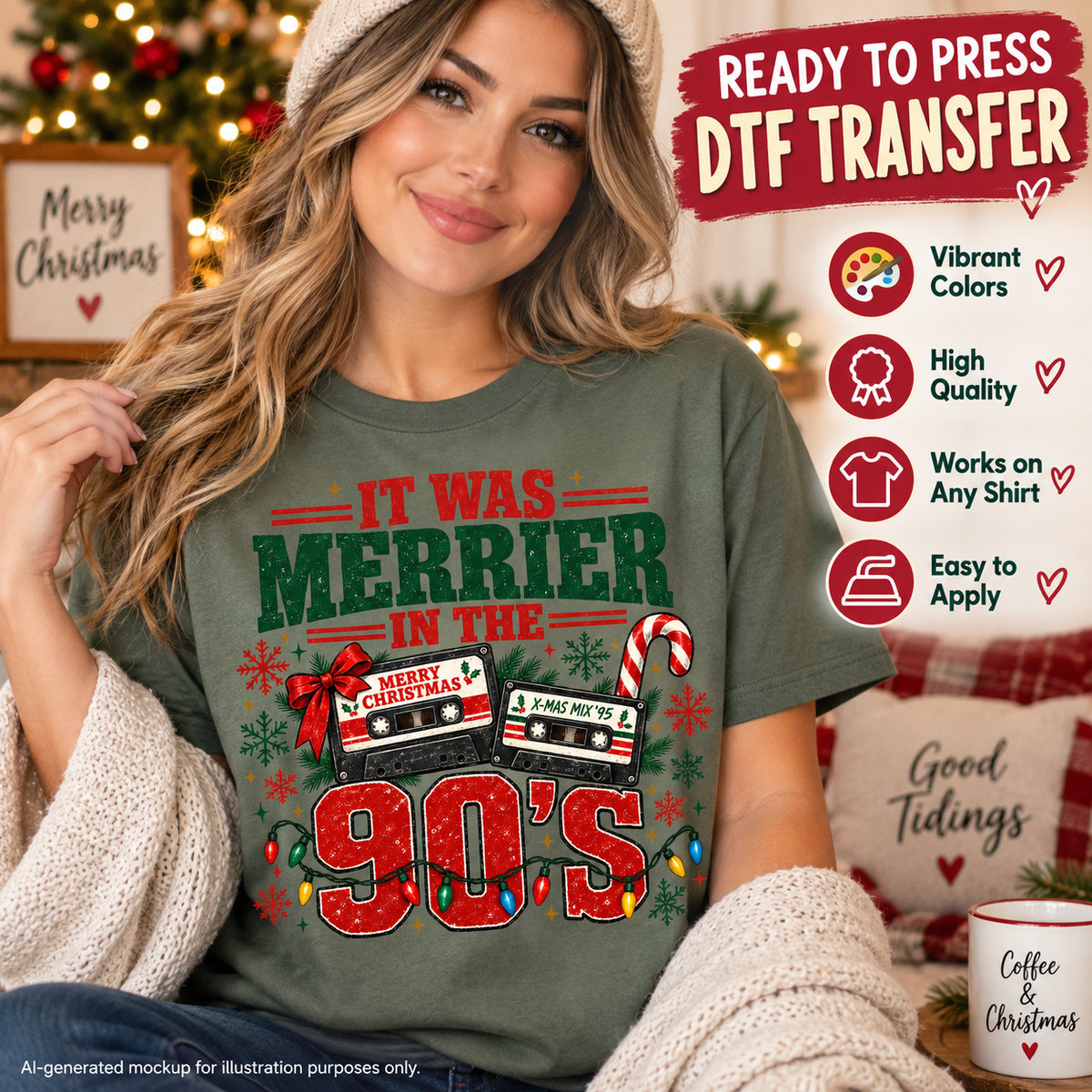 Woman wearing a sage green shirt featuring an It Was Merrier in the 90s Christmas design with retro cassette tapes, colorful lights, snowflakes and candy cane details as a DTF transfer mockup.
