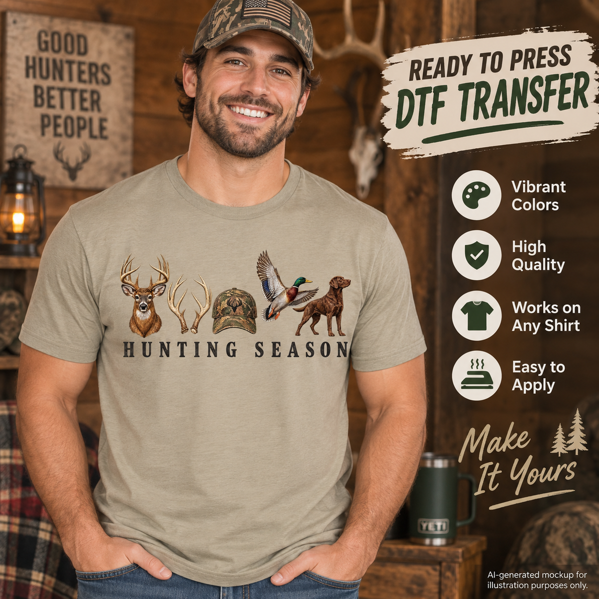 Man wearing a tan shirt featuring a Hunting Season design with whitetail deer, antlers, camouflage hunting cap, flying mallard duck and hunting dog as a DTF transfer mockup.