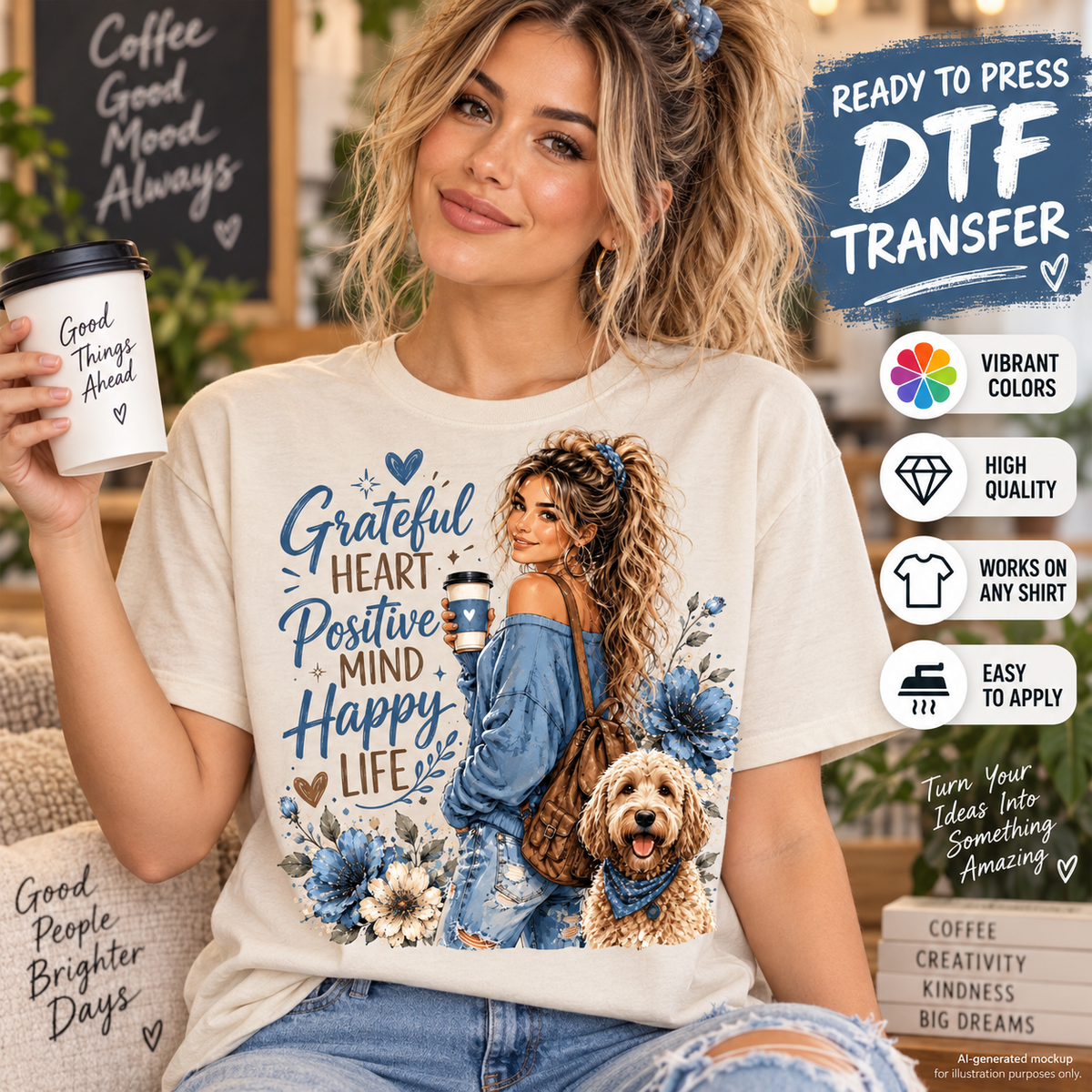 Woman wearing a cream shirt featuring a Grateful Heart Positive Mind Happy Life design with a coffee-loving woman, cute dog and blue floral details as a DTF transfer mockup.