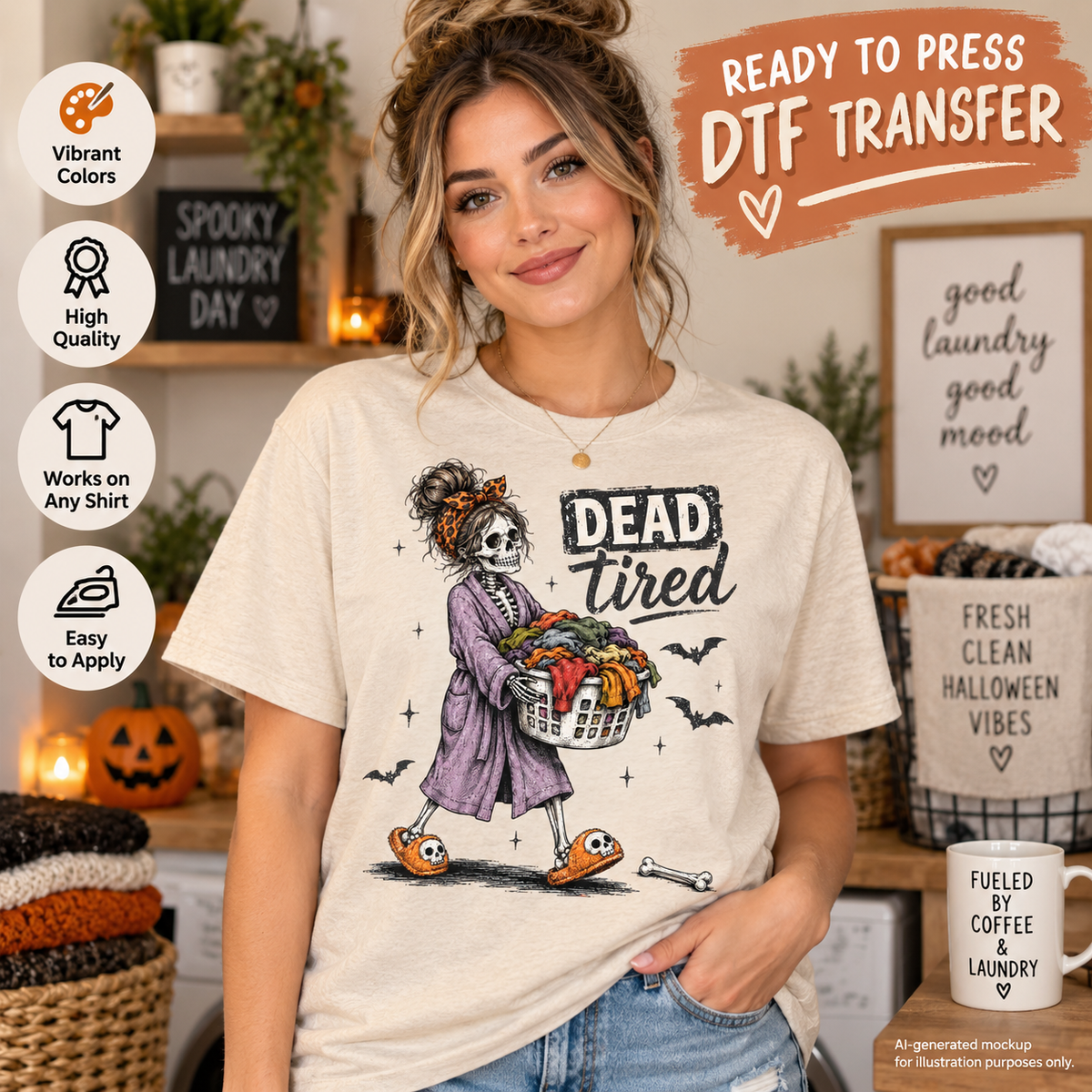 Woman wearing a cream Halloween shirt featuring a Dead Tired skeleton carrying a laundry basket with bats and spooky fall details as a DTF transfer mockup.