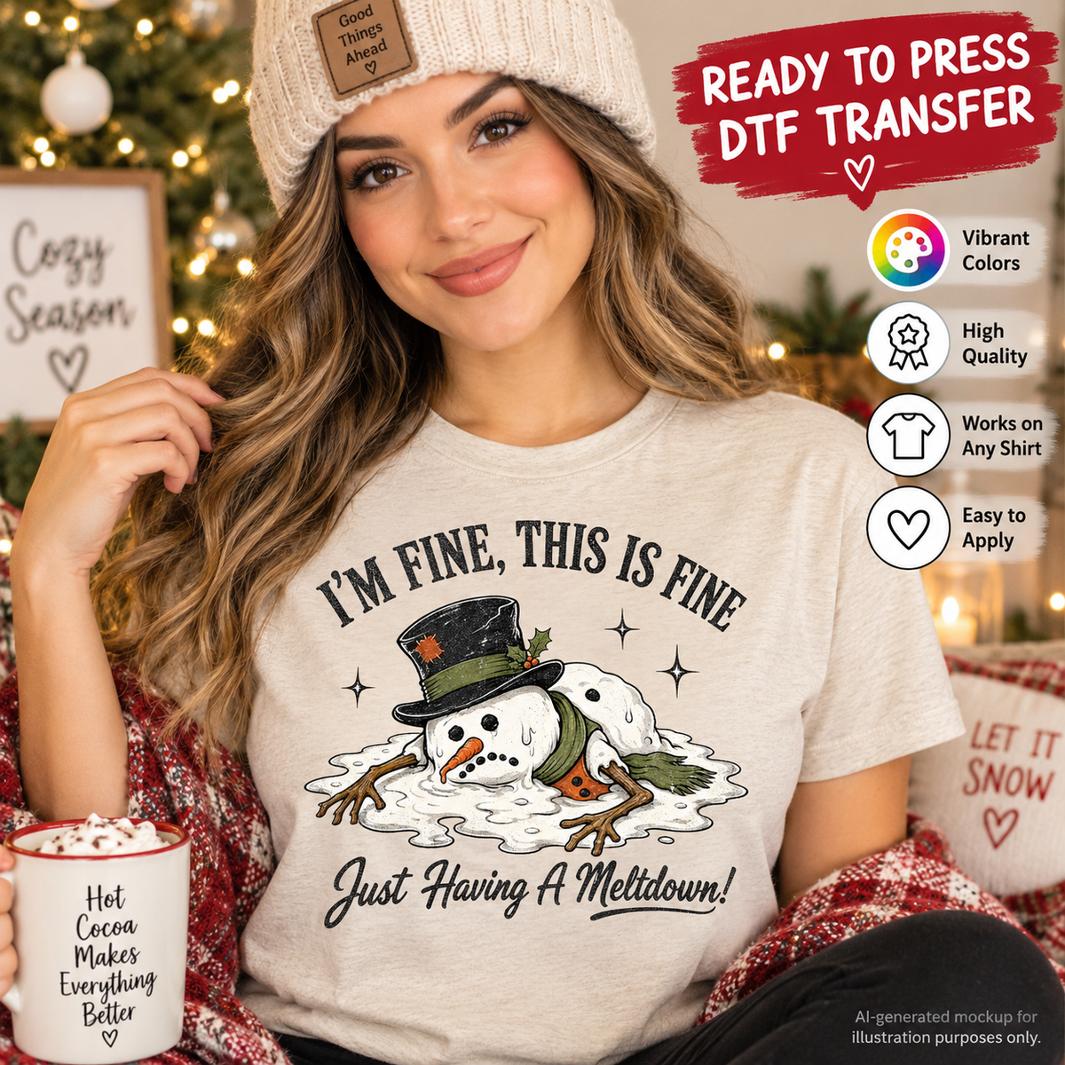 Woman wearing a cream Christmas shirt featuring a melting snowman with the phrases I’m Fine This Is Fine and Just Having a Meltdown as a DTF transfer mockup.