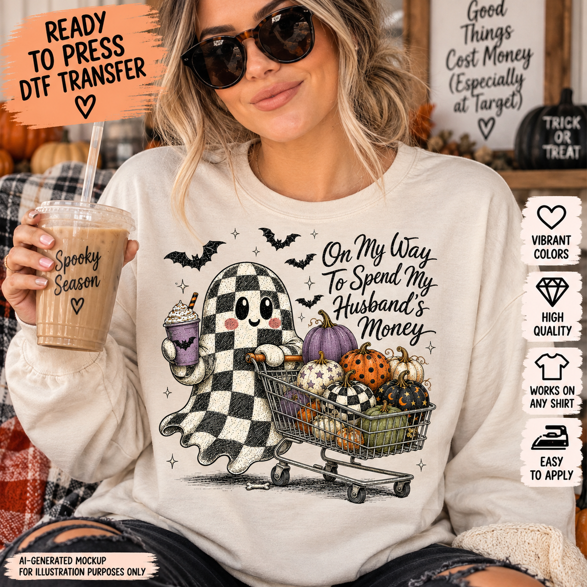 Woman wearing a cream Halloween shirt featuring a checkered ghost pushing a shopping cart full of pumpkins with the phrase On My Way to Spend My Husband’s Money as a DTF transfer mockup.