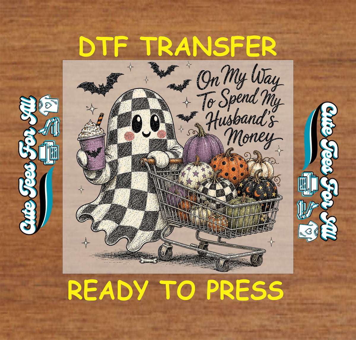 Funny Halloween DTF transfer featuring a black-and-white checkered ghost with iced drink pushing a shopping cart filled with orange, purple, black and patterned pumpkins.
