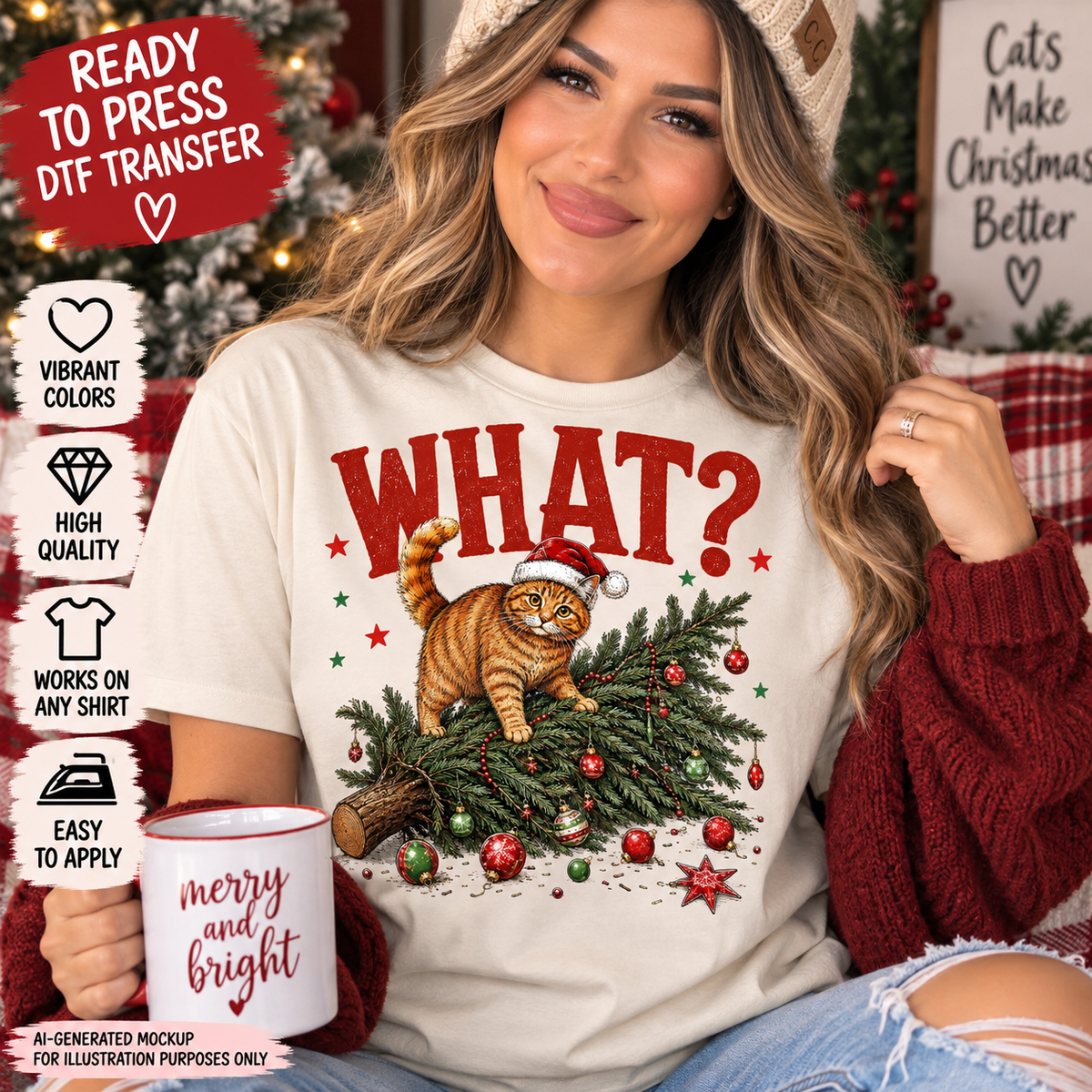 Woman wearing a cream Christmas shirt featuring an orange tabby cat in a Santa hat standing on a fallen Christmas tree with ornaments and the word What as a DTF transfer mockup.