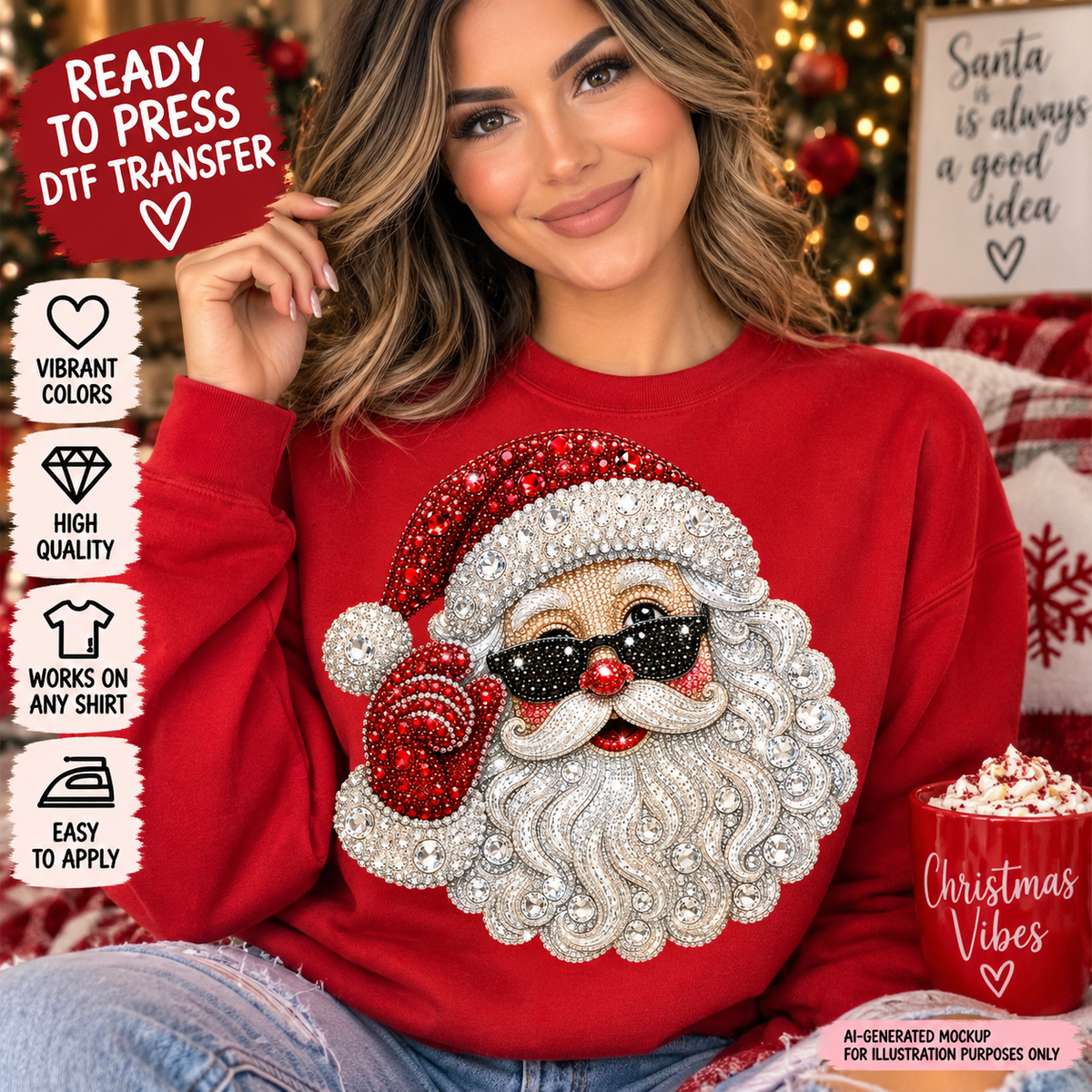 Woman wearing a red sweatshirt featuring a cool Santa in black sunglasses with sparkling red and white jeweled-style details as a DTF transfer mockup.