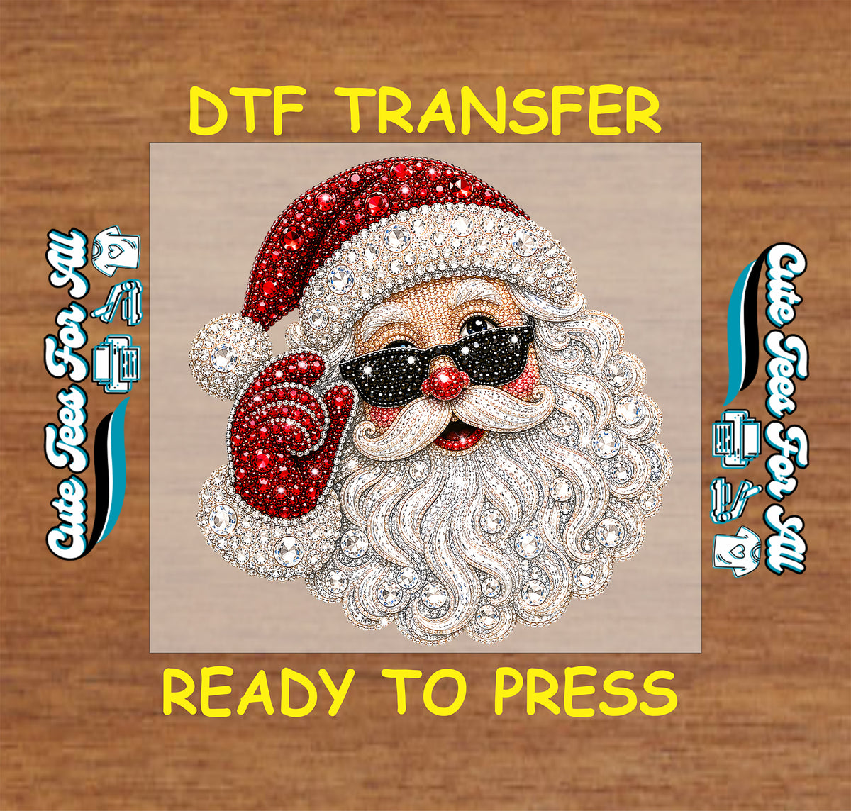 Cool Santa Christmas DTF transfer featuring Santa Claus with black sunglasses, red jeweled-style Santa hat, sparkling white beard and rhinestone-look holiday details.