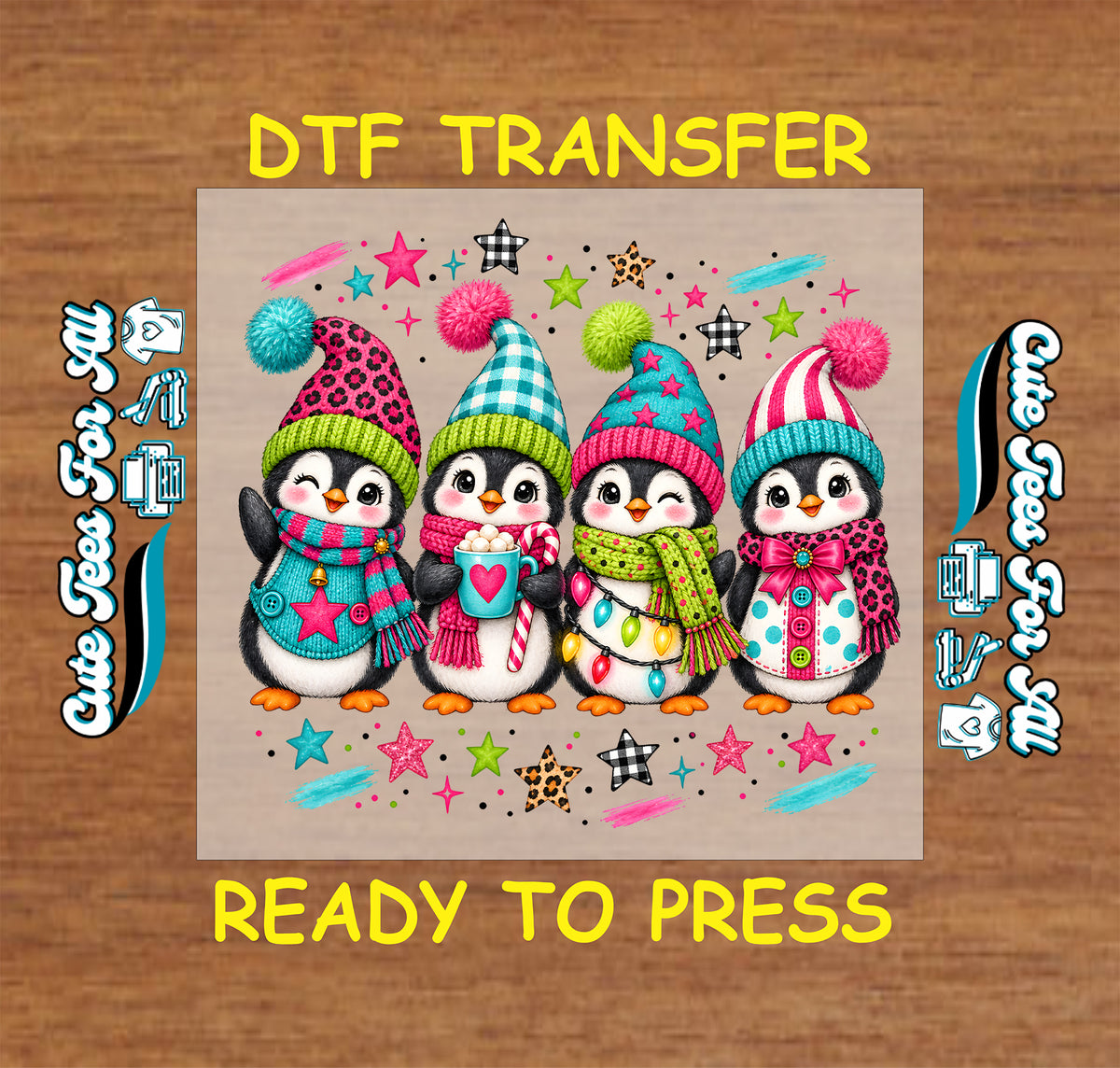 Colorful Christmas penguin DTF transfer featuring four cute penguins wearing bright winter hats and scarves with stars, bows, lights and playful holiday patterns.