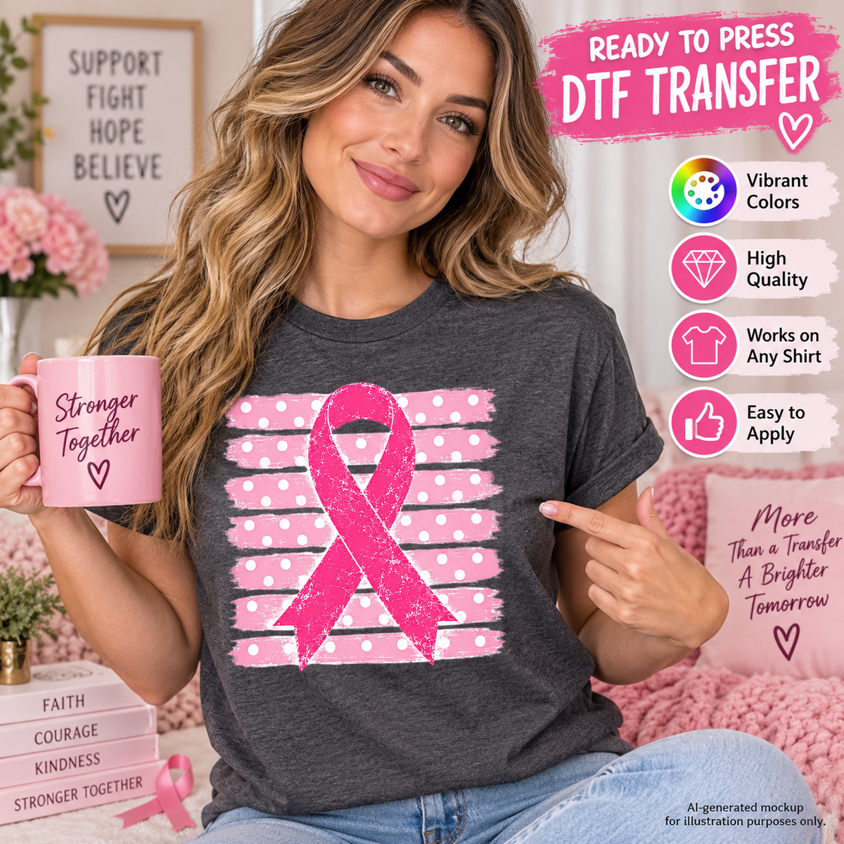 Woman wearing a dark charcoal shirt featuring a pink breast cancer awareness ribbon over a distressed pink polka dot background as a DTF transfer mockup.