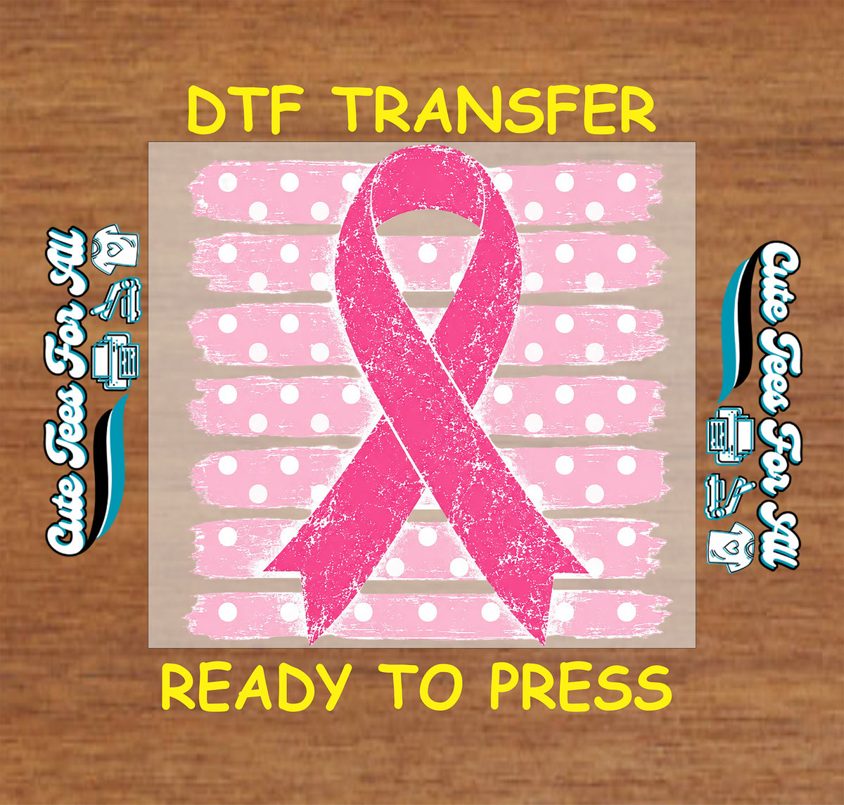 Breast cancer awareness DTF transfer featuring a bold pink ribbon over distressed pink brush-stroke stripes with white polka dots.