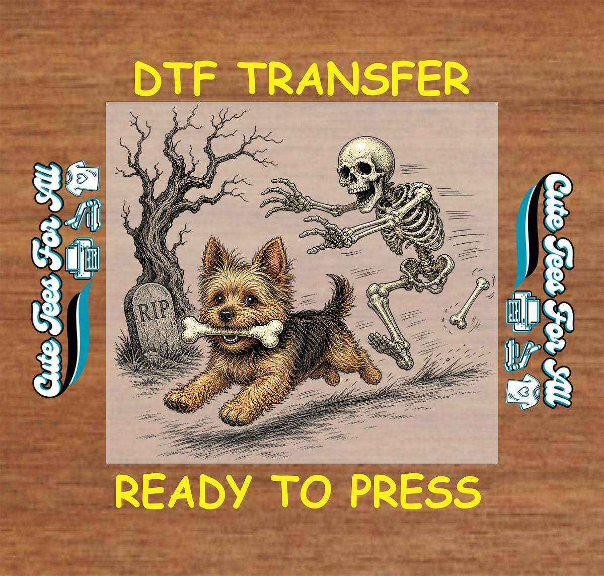 Funny Halloween DTF transfer featuring a dog carrying a bone while being chased by a skeleton beside a creepy tree and RIP gravestone.