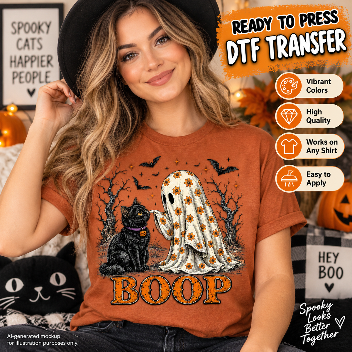 Woman wearing a rust orange Halloween shirt featuring a floral ghost booping noses with a black cat, surrounded by bats, spooky trees and the word Boop as a DTF transfer mockup.