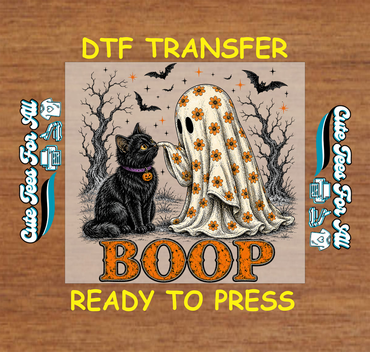 Boop Halloween DTF transfer featuring a cute floral ghost touching noses with a black cat, with bats, spooky trees, stars and distressed orange lettering.