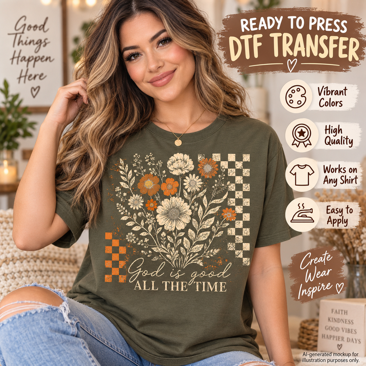 Woman wearing an olive green shirt featuring a God Is Good All the Time Christian design with vintage florals and distressed checkerboard accents as a DTF transfer mockup.