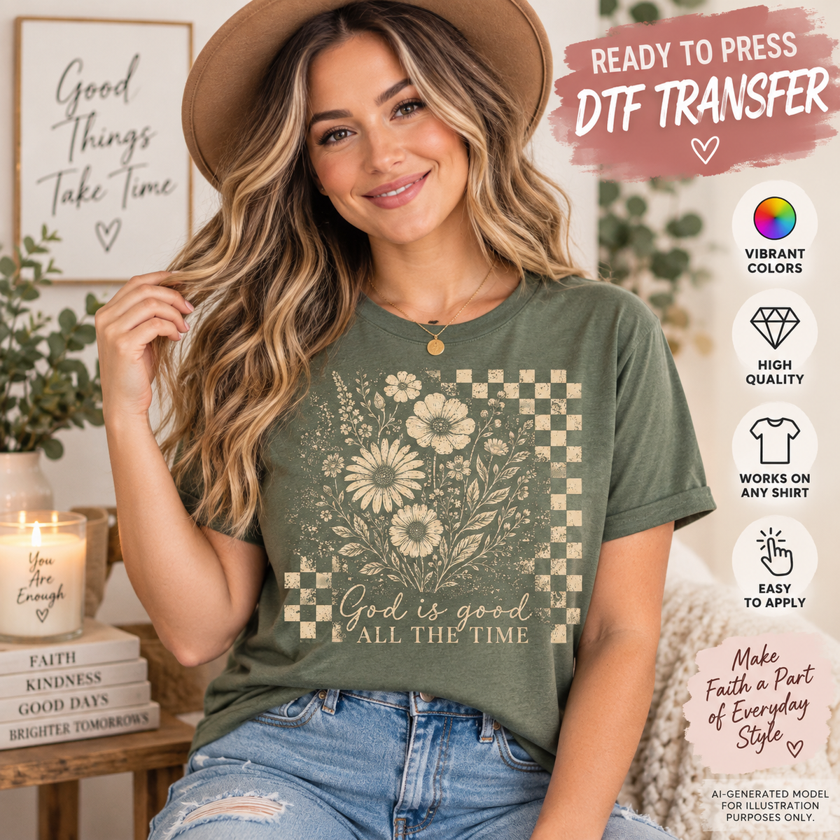 Woman wearing an olive green shirt featuring a God Is Good All the Time Christian design with cream vintage flowers and distressed checkerboard accents as a DTF transfer mockup.