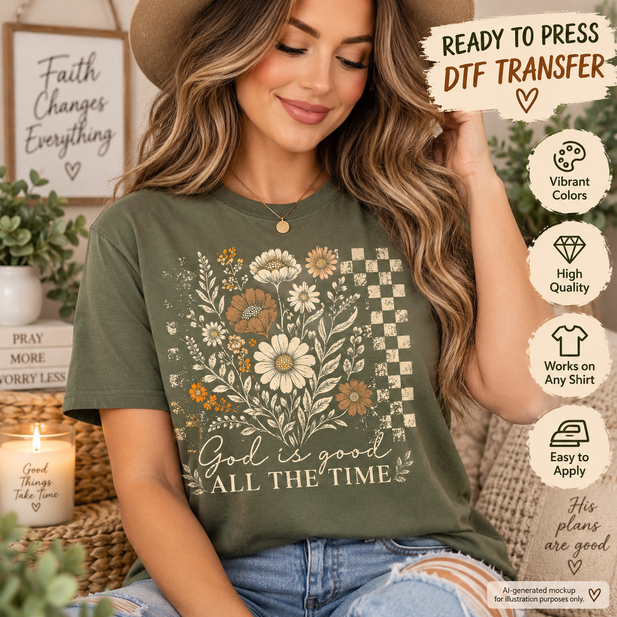 Woman wearing an olive green shirt featuring a God Is Good All the Time Christian design with vintage florals and distressed checkerboard accents as a DTF transfer mockup.