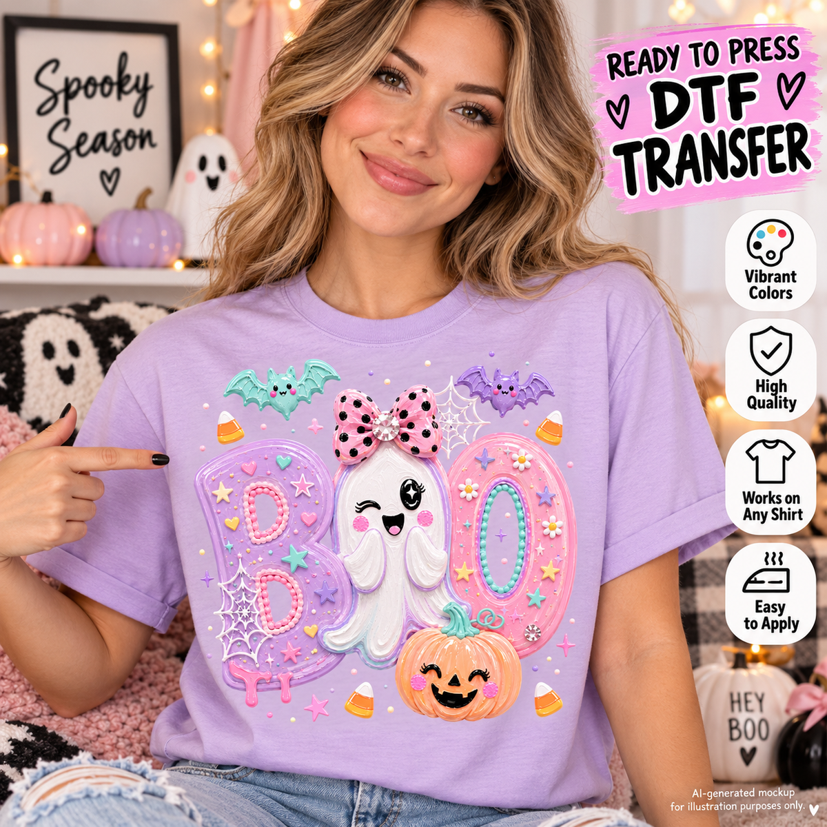 Woman wearing a lavender Halloween shirt featuring a cute pastel BOO design with smiling ghost, pink bow, bats, spiderwebs, candy corn and pumpkin as a DTF transfer mockup.