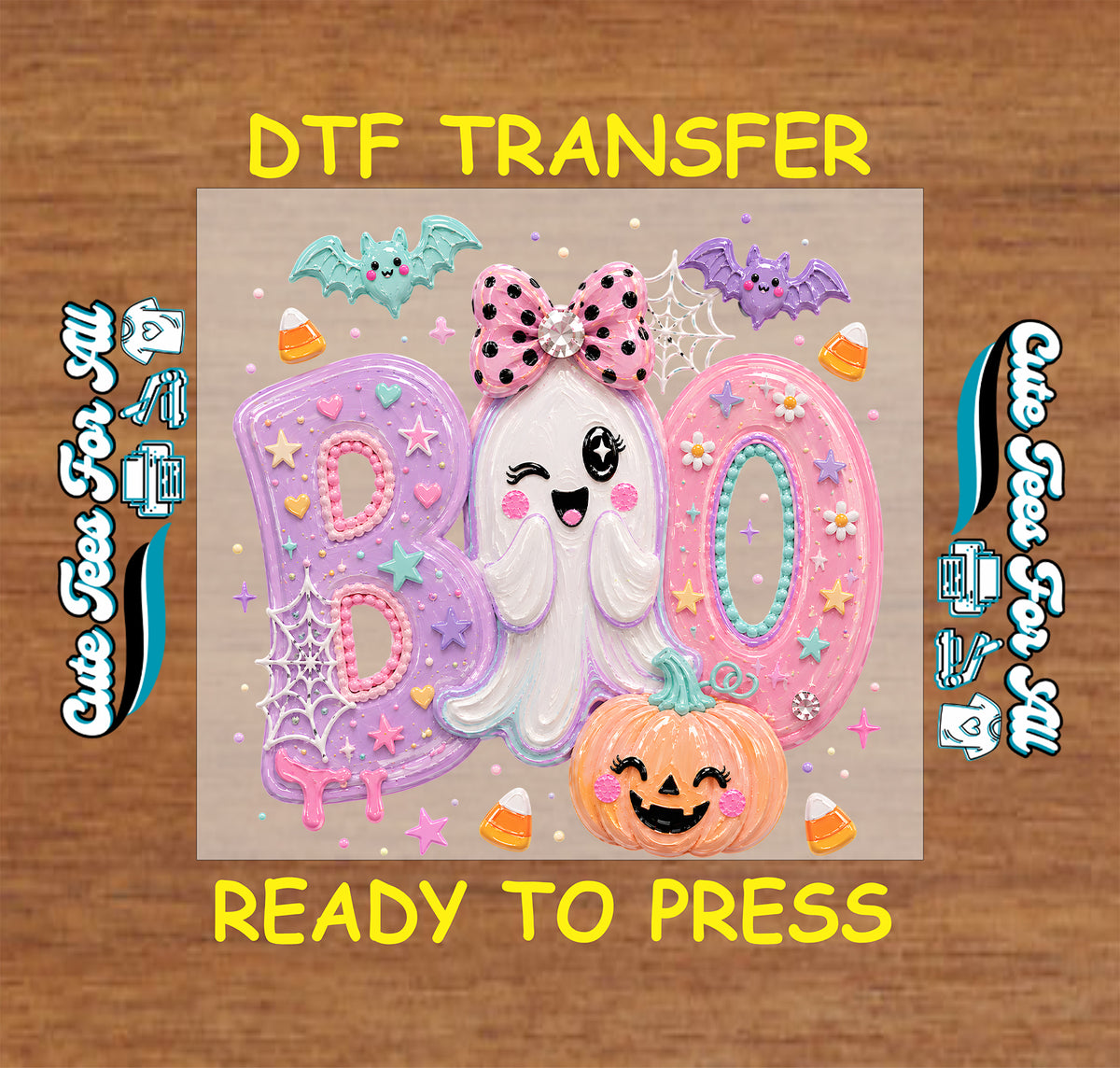 Cute pastel Halloween DTF transfer featuring large BOO lettering, smiling white ghost with pink bow, purple and teal bats, spiderwebs, candy corn, stars and happy pumpkin.